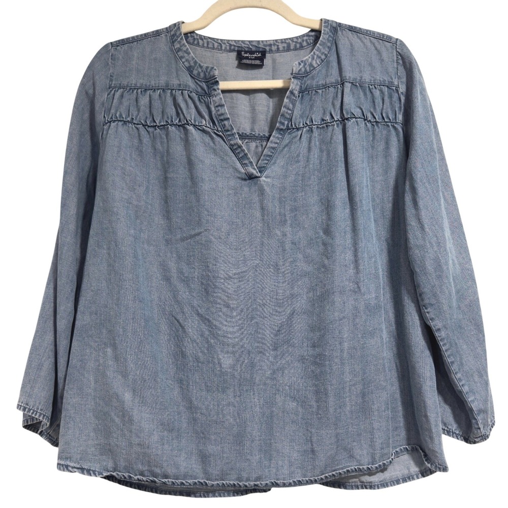 Splendid Womens Blue Lyocell Chambray Split Neck Shirred Blouse Top‎ S 1753910